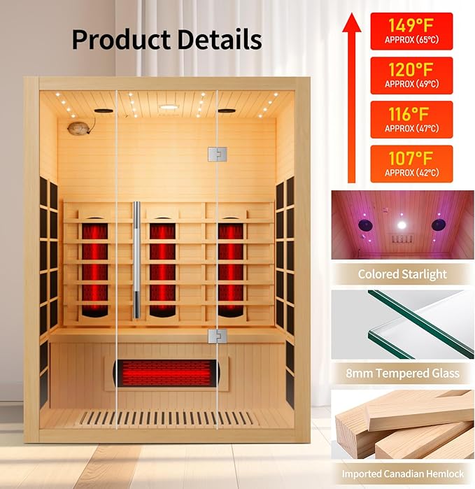 3 People Indoor Infrared Sauna, Low EMF Full Spectrum Red Heater with Carbon Heating Panels, Canadian Hemlock Wood, WiFi Control, 7-Color Starry Light, Reading Lamp, 2100W, 220V