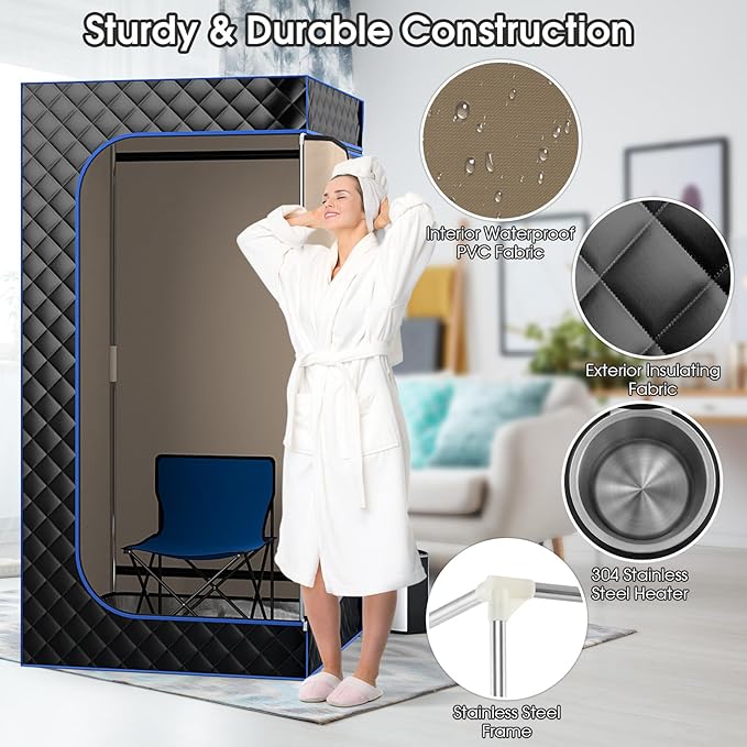 COSTWAY Portable Steam Sauna, Personal Home Sauna Tent w/ 3L Steam Generator, Foldable Chair, Remote Control, 9-Level Adjustable Temperature, Timer, Full-Size Indoor Steam Room for Home Spa (Black)