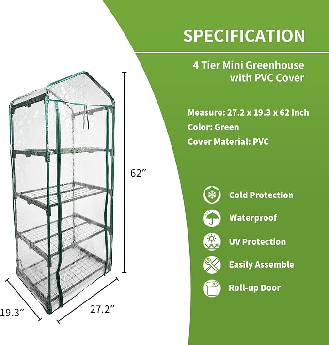 Mini Greenhouse for Indoor Outdoor, Small Plants Green House with 4 Tier Shelves, Portable Plastic Greenhouses with Transparent PVC Cover for Garden Backyard Patio Balcony Porch