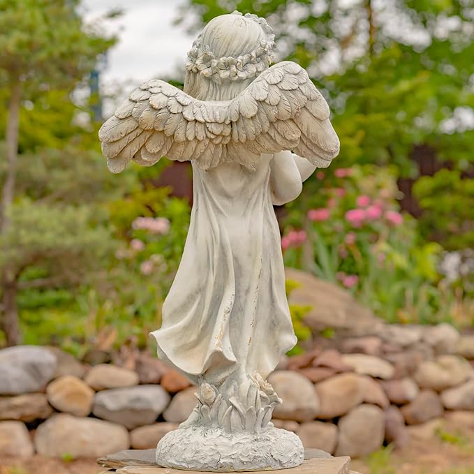 Zaer Ltd. 39" Tall Magnesium Angel Statue Figurines for Outdoor and Indoor Use (Holding a Birdbath Jazmin, Antique White)