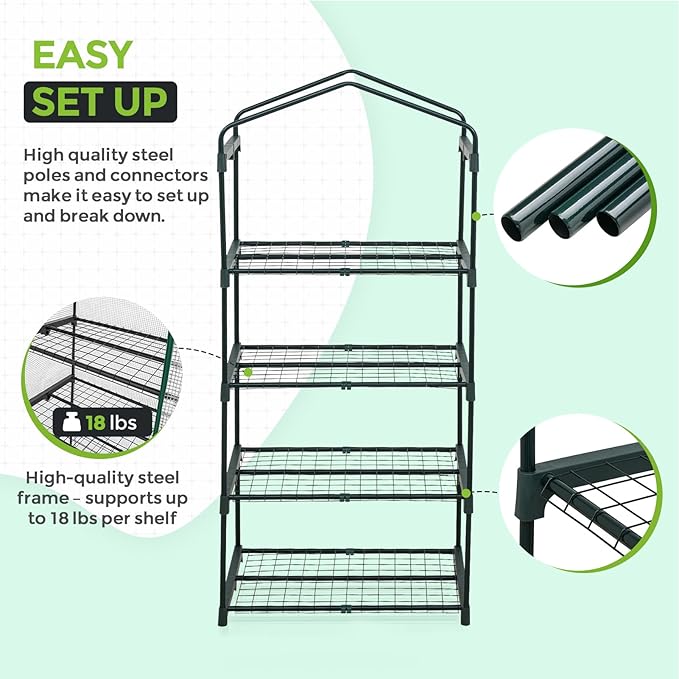 EAGLE PEAK 4-Tier Mini Greenhouse Portable Green House with Shelves & Weather-Resistant PE Cover, Small Greenhouse for Seedlings & Gardening Gifts, 27x19x64 in, Clear/White