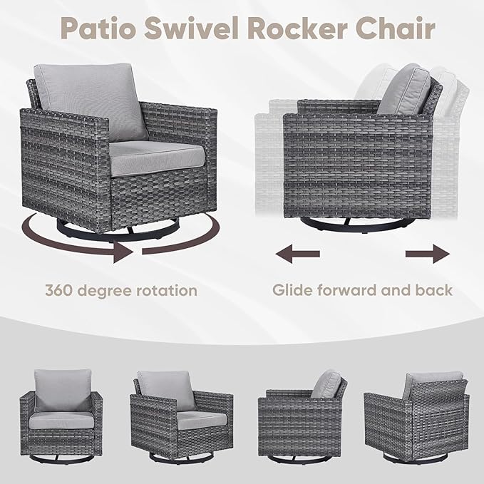 Wicker Outdoor Swivel Chairs Set of 4 with Fire Pit Table, 5 Pieces Patio Furniture Set with Fire Pit Table for Yard, Deck, Garden, Grey/Grey