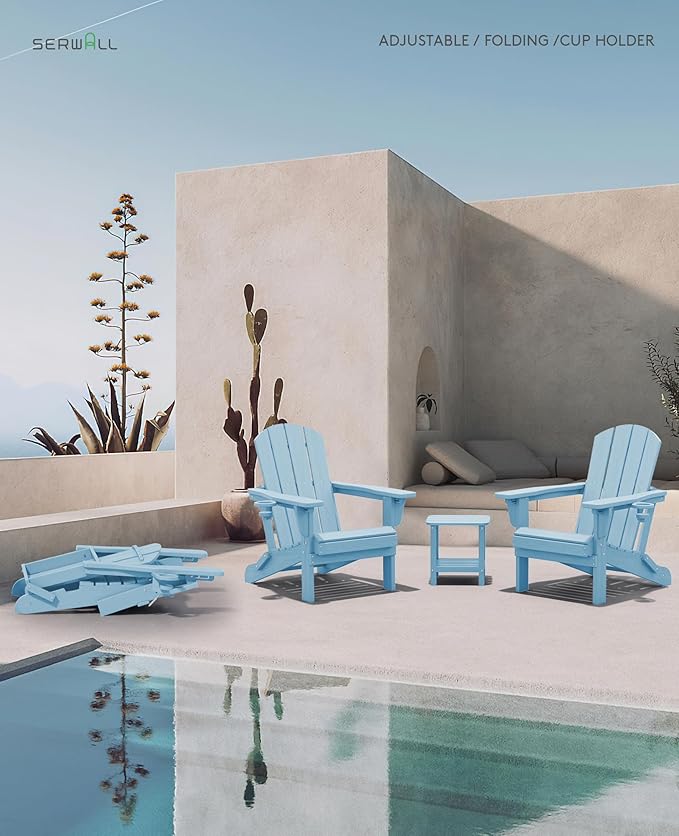 SERWALL Folding Adirondack Chair, Adirondack Outdoor Chair with Cup Holder, Adjustable HDPE Adirondack Chair with 3 Recline Positions, Light Blue