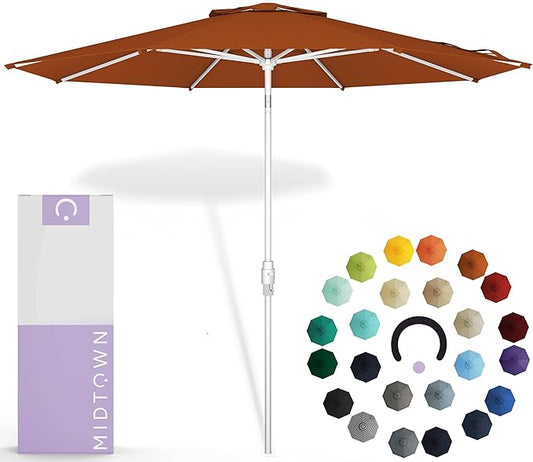 Midtown Umbrellas The Swilt 9 Feet Patio Umbrella in Sunbrella Terracotta Acrylic Fabric - Fiberglass Ribs, Auto-Tilt Aluminum Frame For Backyard, Deck, Garden, Pool - White Pole