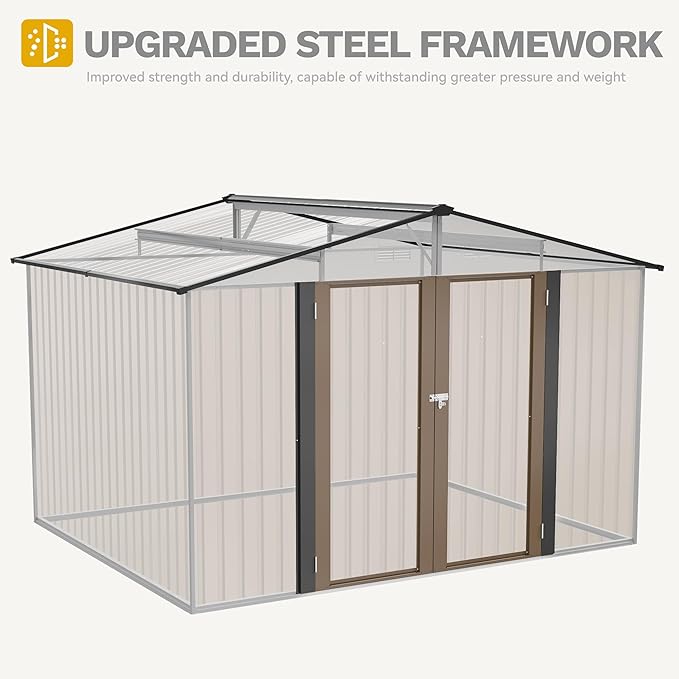 DWVO 10x8FT Outdoor Storage Shed, Spacious Metal Tool Shed with Lockable Doors & Ventilation for Patio, Lawn, and Backyard, Ideal for Storing Garden Equipment, Lawnmowers, and Bicycles, Brown