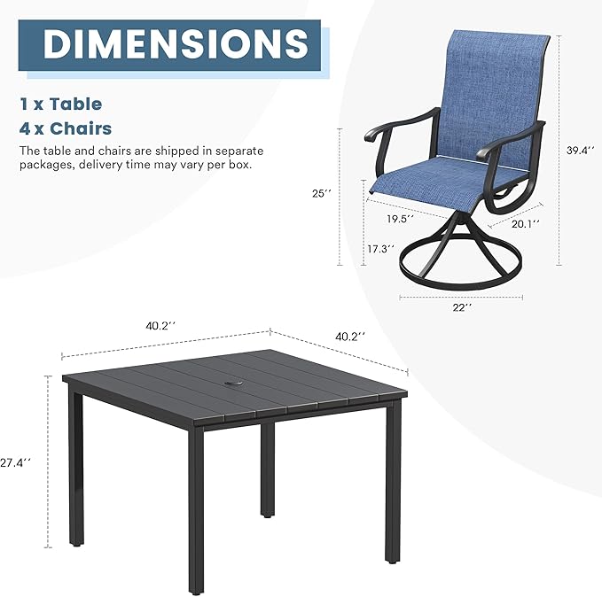 DIFY 5 Pieces Outdoor Patio Dining Set for 4, 40.2" Black Metal Square Dining Table and 4 Blue Textilene Swivel Dining Chairs, Outdoor Table and Chairs