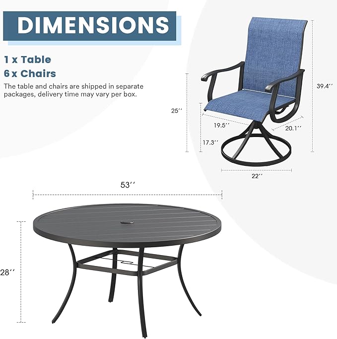 DIFY 7 Pieces Outdoor Patio Dining Set, 6 Blue Textilene Swivel Dining Chairs and 53" Black Round Metal Dining Table, Outdoor Table and Chairs