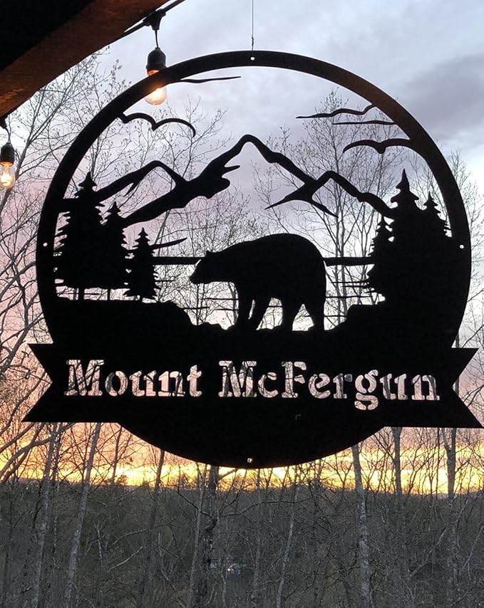 RealSteel Personalized Bear Metal Sign - Custom Outdoor Wall Art with Mountain Scene - Circular Design for Porch, Patio, Lawn & Garden Décor - Penny Vein, 36"
