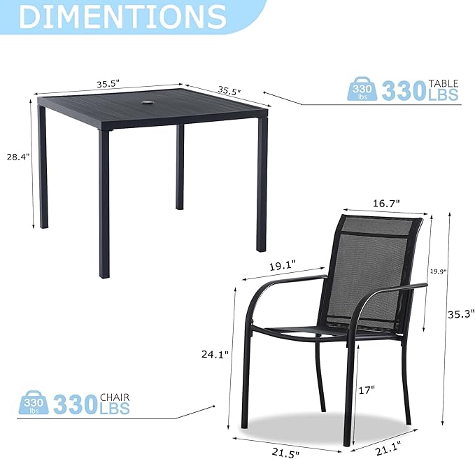 5 Pieces Round Dining Table Set for 4, Patio Dining Set Includes 4 Black Stackable Patio Chairs and Black Square Table, Patio Furniture Sets with Sling Support for Outside, Garden