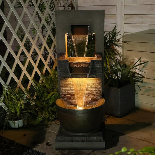 39" H Modern Outdoor Water Fountain with LED Lights and Pump, 3-Tier Standing Cascading Waterfall - Modern Design for Garden/Patio/Yard, Multi-Level Outdoor Decor 15“x14”x39“(Brown)