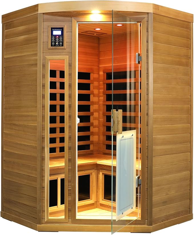 2-3 Person Corner Far Infrared Sauna for Home, 1760W Ultra-Low EMF（0-1mG） Indoor Red Cedar Wood Sauna Room with 8 Heating Panels, Dual Control Panel, Bluetooth Speaker & Chromotherapy Lights