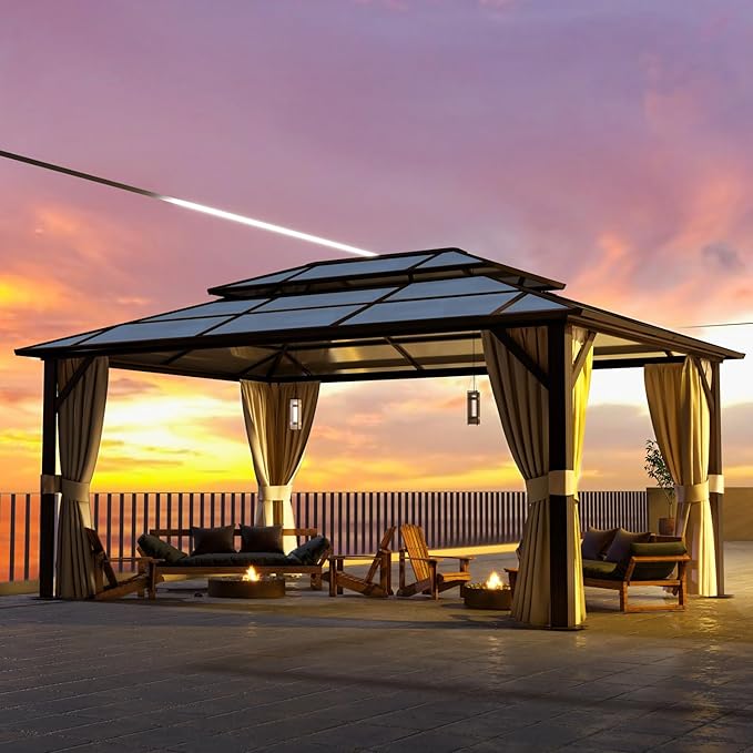 12'x16' Hardtop Gazebo, Outdoor Polycarbonate Double Roof Canopy, Aluminum Frame Permanent Pavilion with Curtains and Netting, Sunshade for Garden, Patio, Lawns