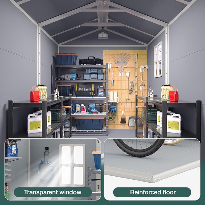 Storage Shed Plastic Outdoor Storage Shed Waterproof Container House with Lockable Door and Transparent Window for Garden, Lawn, Backyard(6x8FT)
