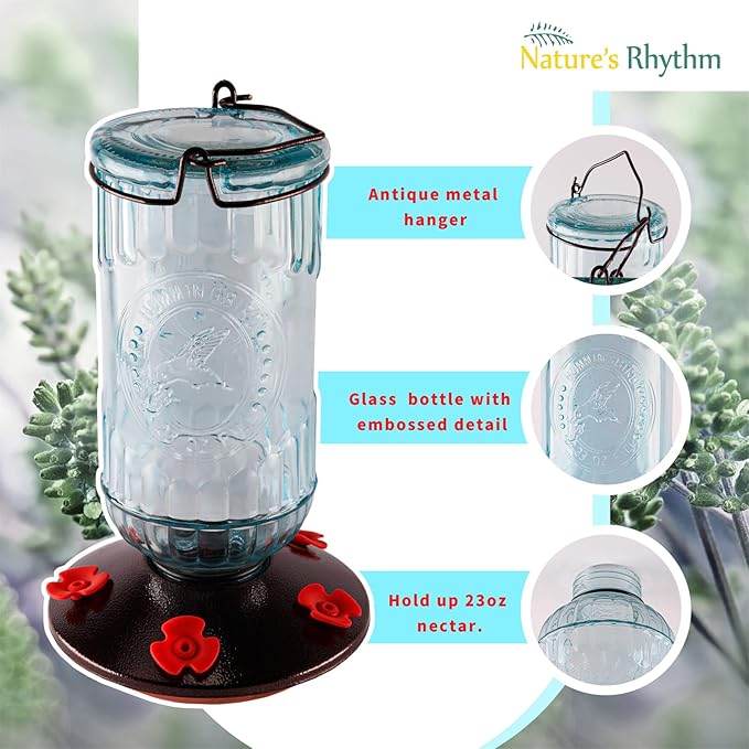 Nature's Rhythm Bird Feeder Vintage Blue Antique Glass Bottle Hummingbird Feeder 5 Feeding Ports and 23-Ounce Nectar CapacityPer Feeder(Blue)
