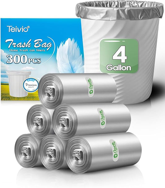 4 Gallon 300 Counts Strong Trash Bags Garbage Bags by Teivio, Bathroom Trash Can Bin Liners, Small Plastic Bags for home office kitchen (Grey)