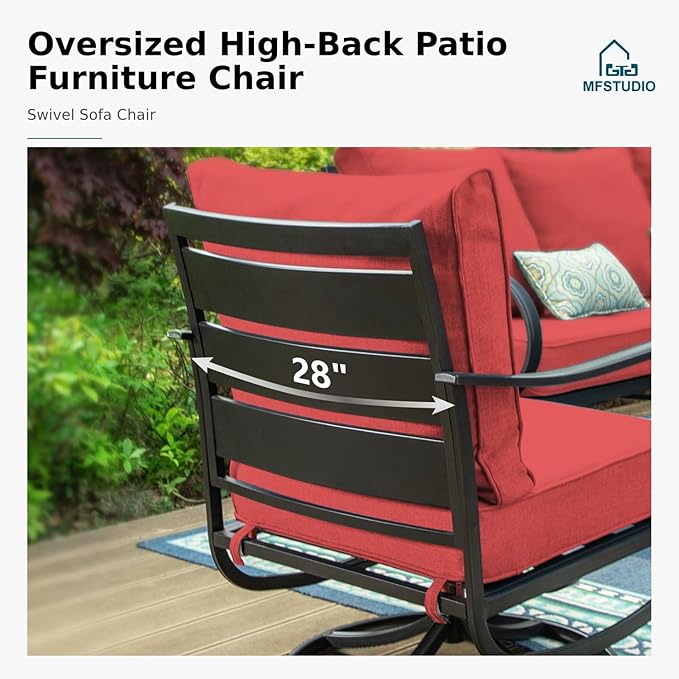 MFSTUDIO Metal Patio Conversation Sets, Outdoor Furniture Sofas Set of 2, 2 Pieces Durable Steel Frame Patio Swivel Chairs with 5.8" Burgundy Red Cushions for Patio Garden Backyard Balcony