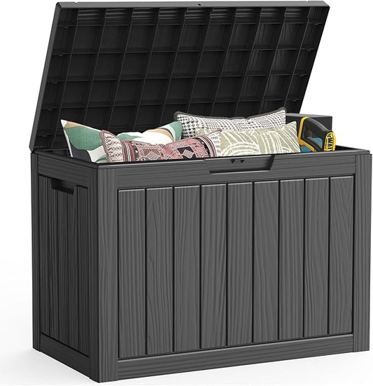 Outdoor Storage Box, 50 Gallon Deck Box Waterproof, Resin Patio Storage Bin for Package Delivery, Patio Furniture Cushion, Garden Tools, Pool Accessories, Weatherproof, Black