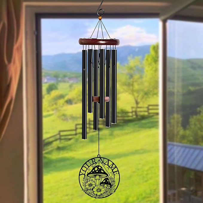 Personalized Customize Name Fantasy Mushroom Wonderland Wind Chime, Metal Iron 37 Inch Outdoor Memorial Gift for Garden Yard Patio Home Decor, Black (Style I)