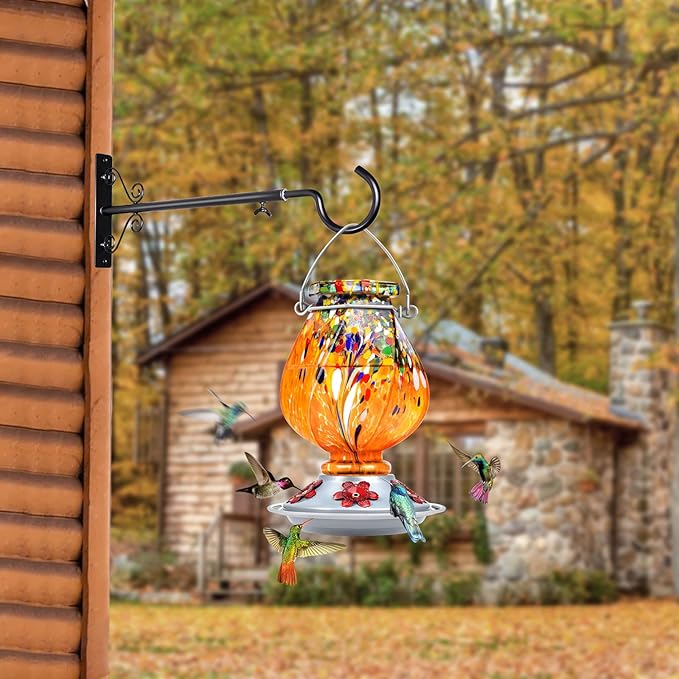 BOLITE Hummingbird Feeder, Hand Blown Glass Hummingbird Feeders for Outdoors Hanging, with 5 Feeding Ports, 22 Ounces, Orange, Birthday Gifts for Women Men, Gifts for Mom Dad