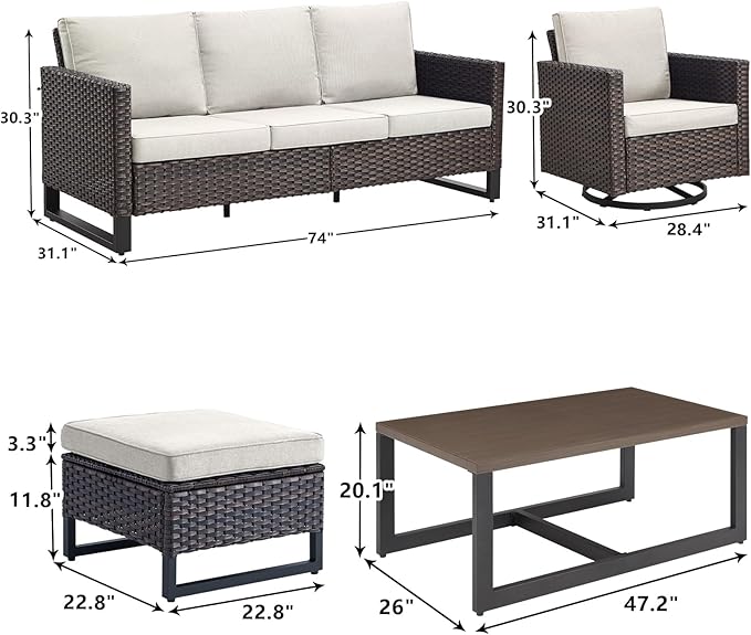 Rilyson Wicker Outdoor Patio Furniture Set - 8 Piece Patio Conversation Set with 4 Swivel Rocker Chairs,2 Rattan Ottoman,1 Couch and 1 Metal Coffee Table for Outside Porch Deck Backyard(Brown/Beige)