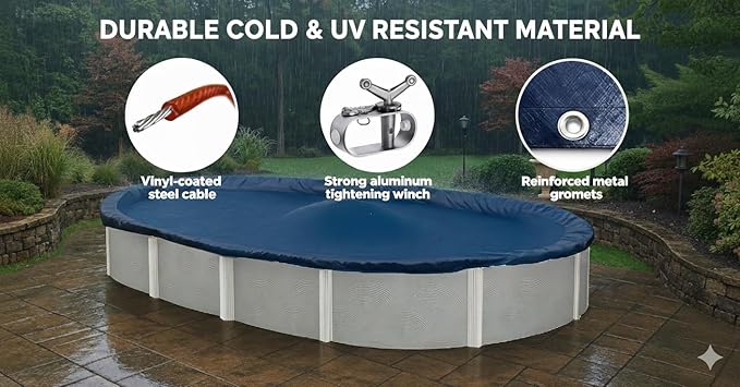 Premium Winter Pool Cover for Above Ground Oval Pool, 18' x 33' Ft., Aboveground Pools Winter Cover, 8-Year Warranty, Includes Winch and Cable, Strength & Durability, UV Protection