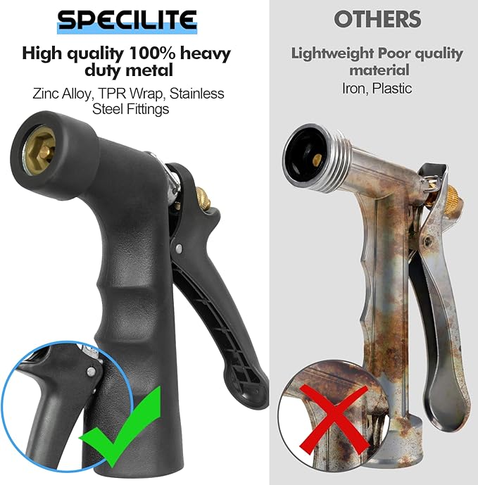 SPECILITE 5/8" Hot/Cold Garden Hose 50 ft with Industrial High Pressure Nozzle, Flexible & Lightweight, 600psi Burst Rubber Water hose -50℉-158℉ With 3/4"Stainless Steel Fittings for Yard, Black
