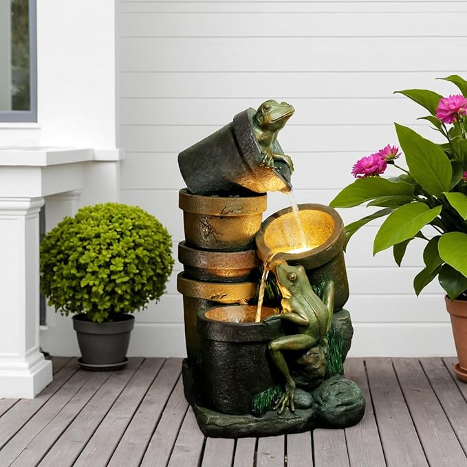 27.2''H Garden Fountains Outdoor Water Fountain,3 Tier Cascading Barrel Frog with LED Lights & Pump for Farmhouse Patio Yard Deck Home Lawn Porch House Decorations
