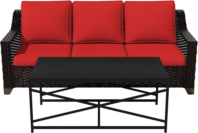 Vista Vibe 2 Pieces Outdoor Patio Conversation Furniture Set - 78" 3-seat Sofa | Metal Coffee Table, Deep Seat Loveseat, Removable Cushions, Hand-Woven PE Rattan Couch, Lawn (Brown/Red)