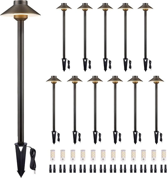 Gardenreet Low Voltage Landscape Path Light Solid Brass, 3 Color Temp Selectable Pathway Lights, LED Light Waterproof, 12V Wired Bronze for Walkway Garden with 3W 270LM G4 Bulb (12 Pack)