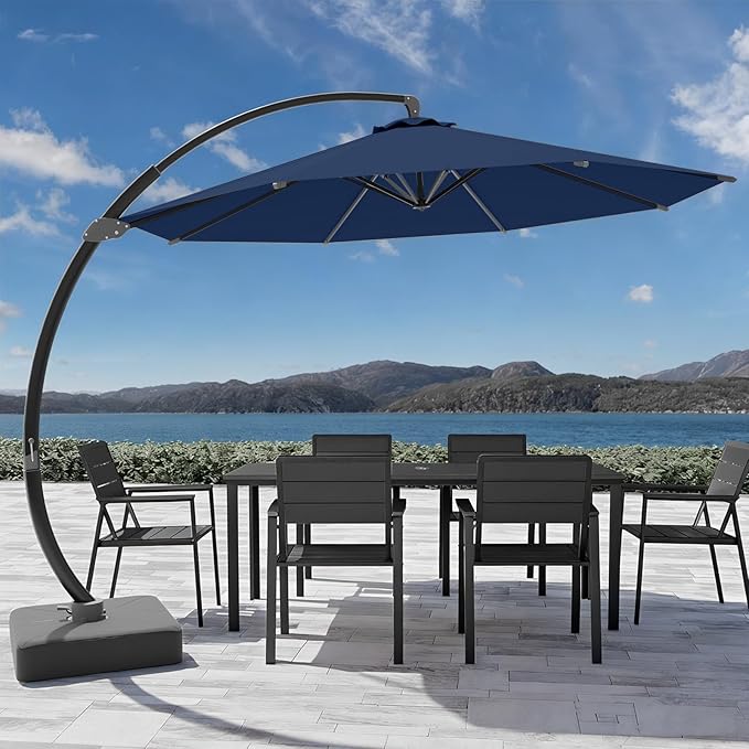 7-Piece Patio Dining Set with 11 FT Curvy Cantilever Umbrella, HDPE Tabletop & Aluminum Frame All-Weather Outdoor Furniture for Garden, Backyard, Poolside, Black