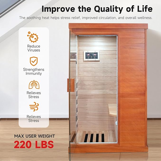 Sauna, 1 Person Infrared Sauna Home Spa Wood 800W Low-EMF Indoor Dry Saunas 5 Ultra-Low Energy Saving Heating Panels, Built-in Control Panel, Speakers, Reading Lights and Circulation Vents