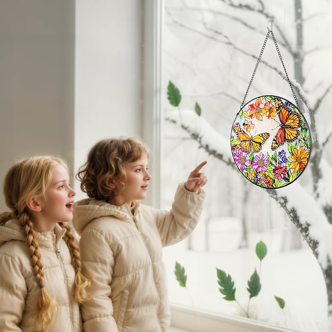 Suncatcher Stained Glass Window Hanging - Butterfly Glass Panel with Metal Chain and Hooks Handmade Sun Catcher Decoration for Window Garden Home Christmas & Birthday Gifts (8 Inch)