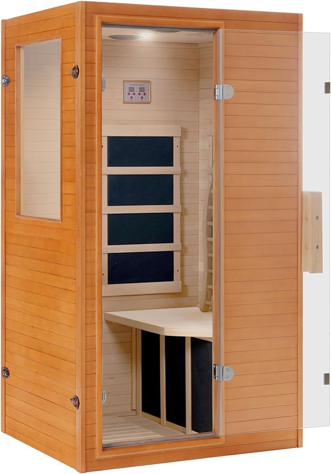 springspa Infrared Sauna Home Sauna, Indoor Far Infrared Saunas for Home, 1 Person Low Emf Canadian Hemlock Wooden Spa Room 950w, 110v with Control Panel