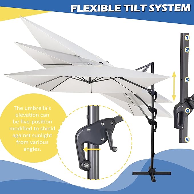Sunnyglade 10x10Ft Cantilever Patio Umbrella Square 360° Rotation & Integrated Tilting System Offset Umbrella with 8 Sturdy Ribs, Fade-resistant & Waterproof for Garden Backyard Poolside Deck