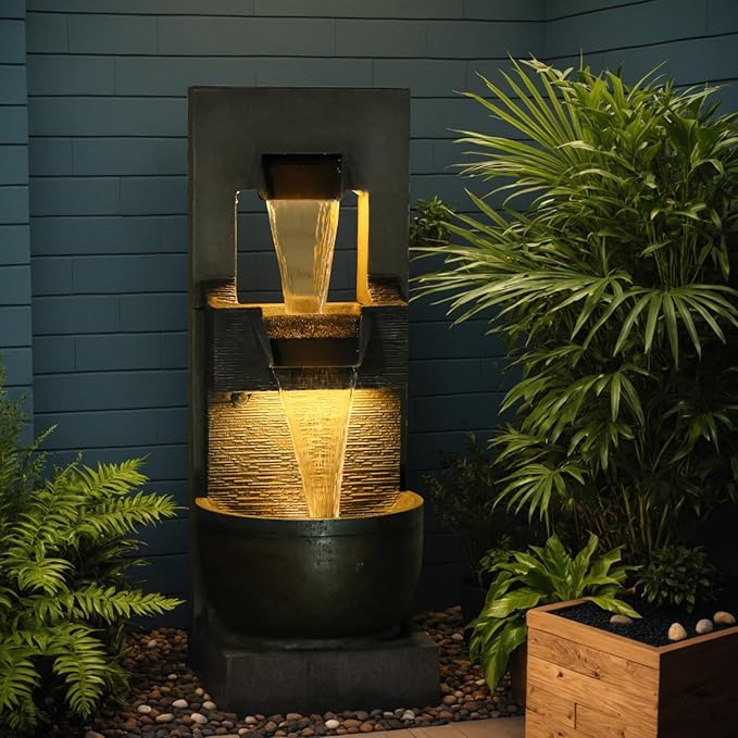 39" H Modern Outdoor Water Fountain with LED Lights and Pump, 3-Tier Standing Cascading Waterfall - Modern Design for Garden/Patio/Yard, Multi-Level Outdoor Decor 15“x14”x39“(Brown)