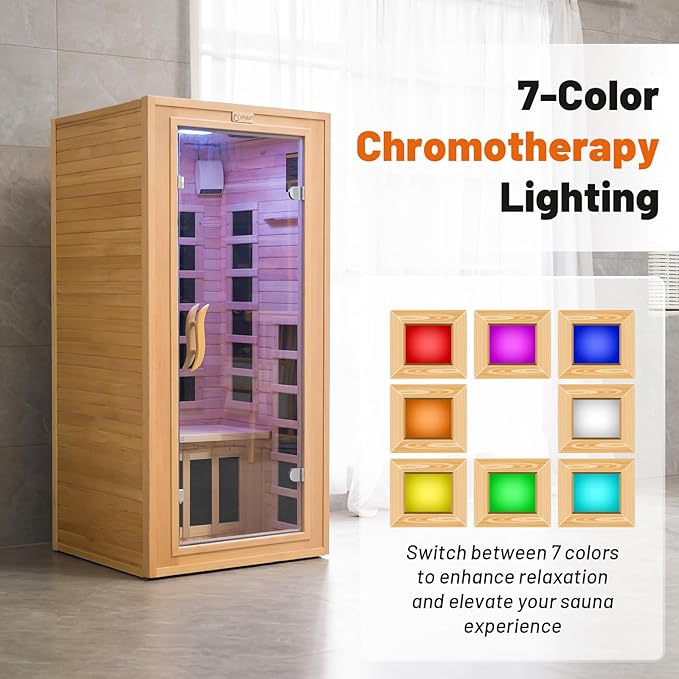 Infrared Sauna 1 Person 7 Heating Panels Hemlock Wooden Home Sauna 1350W, Dry Sauna for Home Spa Room, Time Temp Pre-Set Sauna Room, Mini Personal Far Infrared Saunas for Home