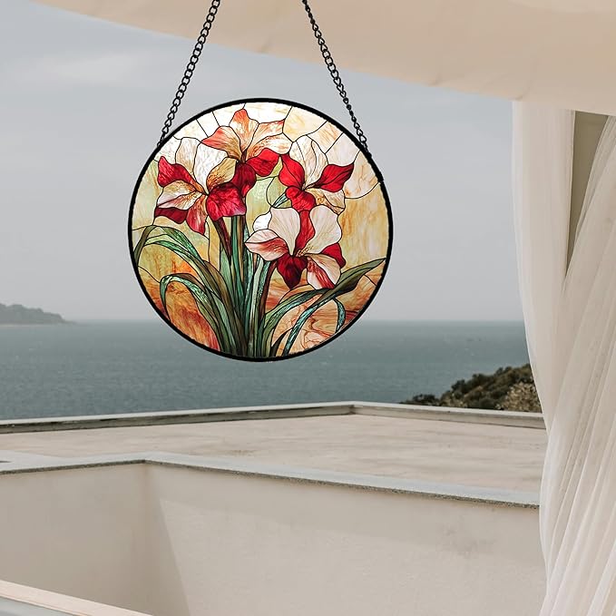 Stained Glass Window Hanging - Red Gladiolus Flower Suncatcher for Door Yard Sun Catchers Decor Christmas Mother's Day Birthday Gifts for Lovers Women Mom Nana Girlfriend Wife 7.8 in
