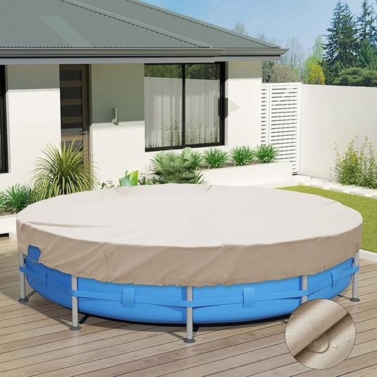 ECOOPTS Waterproof Round Polyester Pool Cover for Above Ground Pools, Swimming Pool Cover Protector Winter Safety Cover (8 ft, Beige)