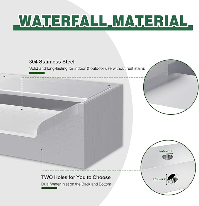 Waterfall Pool Fountain LONGRUNNEW 304 Stainless Steel 23.6" Rectangular Waterfall Spillway, Water Fall Fountain with Pipe Connector for Garden Outdoor, Swimming Pools, Fountains, Pond and Spa