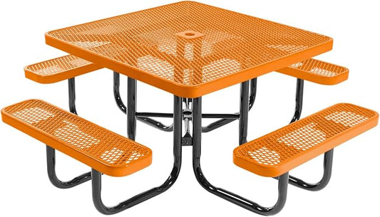 COATEDOUTDOORFURNITURE Heavy-Duty Portable Outdoor Picnic Table with Umbrella Hole, Expanded Metal Commercial-Grade Patio Dining Furniture Made in America (46" Square Top, Orange)
