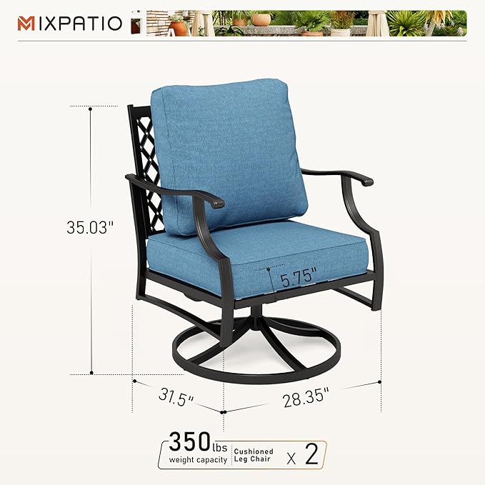 Swivel Patio Chairs Set of 2, High Back Outdoor Swivel Patio Metal Chairs with 5.75" Thick Cushions for Bistro Balcony Porch Deck and Yard, Navy Blue