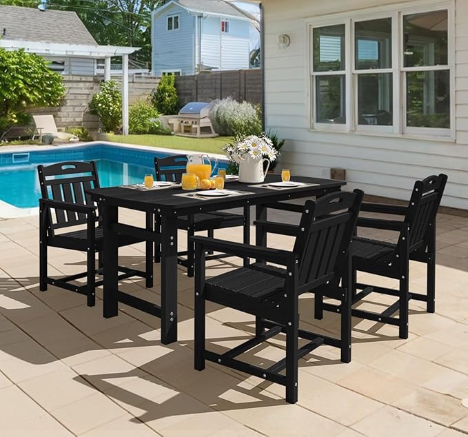 Ciokea HDPE Outdoor Dining Set 5-Piece Patio Table and Chairs with Umbrella Hole, All-Weather Patio Dining Set for 4, Durable Patio Furniture Set for Backyard, Garden, Lawn & Poolside, Black
