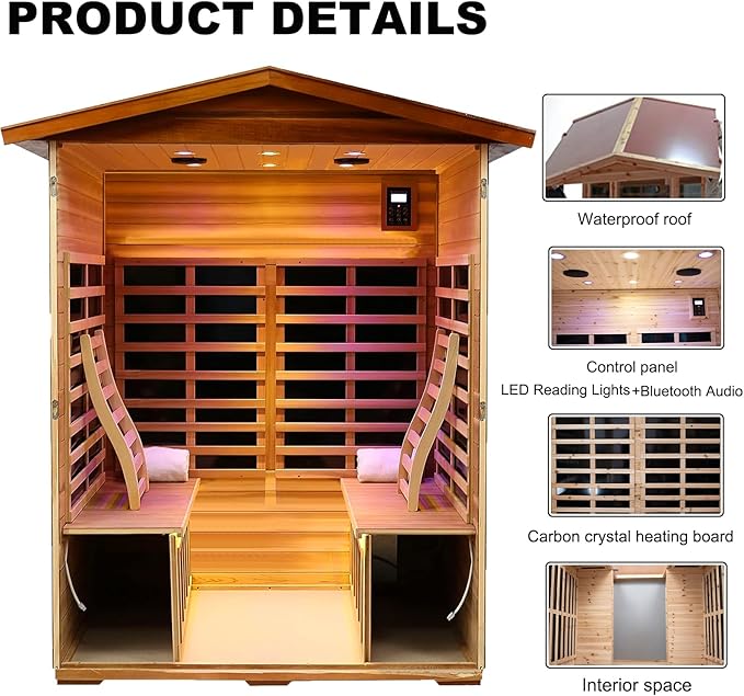 Outdoor Sauna 4 Person Low EMF Far Infrared Sauna for Home, 2050W Mahogany Wooden Sauna Room for Outdoor Indoor Home, with Blue-Tooth, LCD, LED