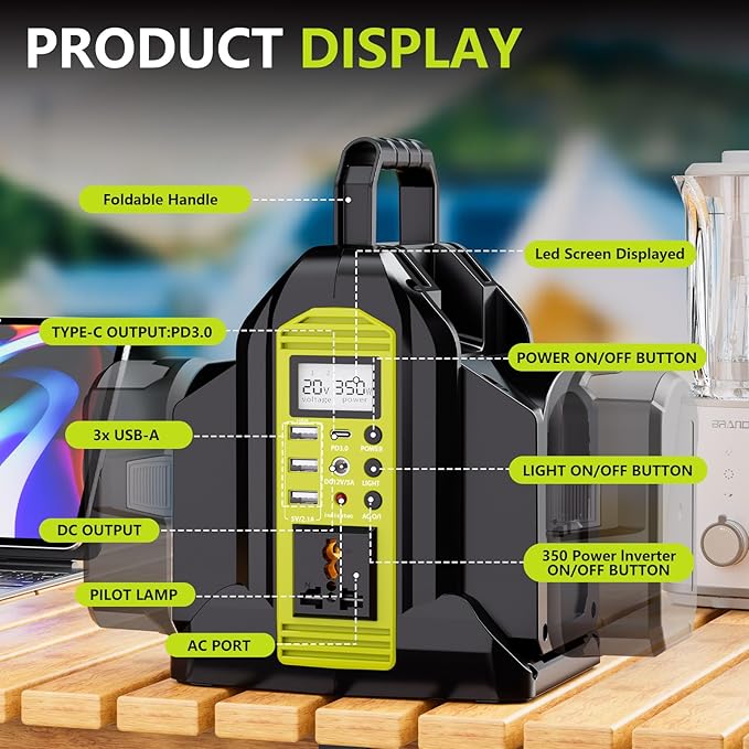 350W Power Inverter for Ryobi 18V ONE+ Battery, 2-Port 18V DC to 120V AC Inverter with LED Light, 3 USB-A, 1 USB-C, DC and AC Ports. Portable Battery Inverters for Outdoor Use(Tool Only)