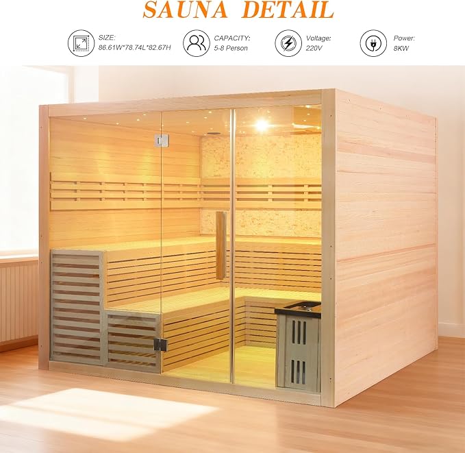 6-8 Person Indoor Sauna HARVIA 220V 6KW Canadian Hemlock Wooden Steam Sauna with LCD Control Panel, Bluetooth Speakers, Panoramic Tempered Glass and Decorative Stone