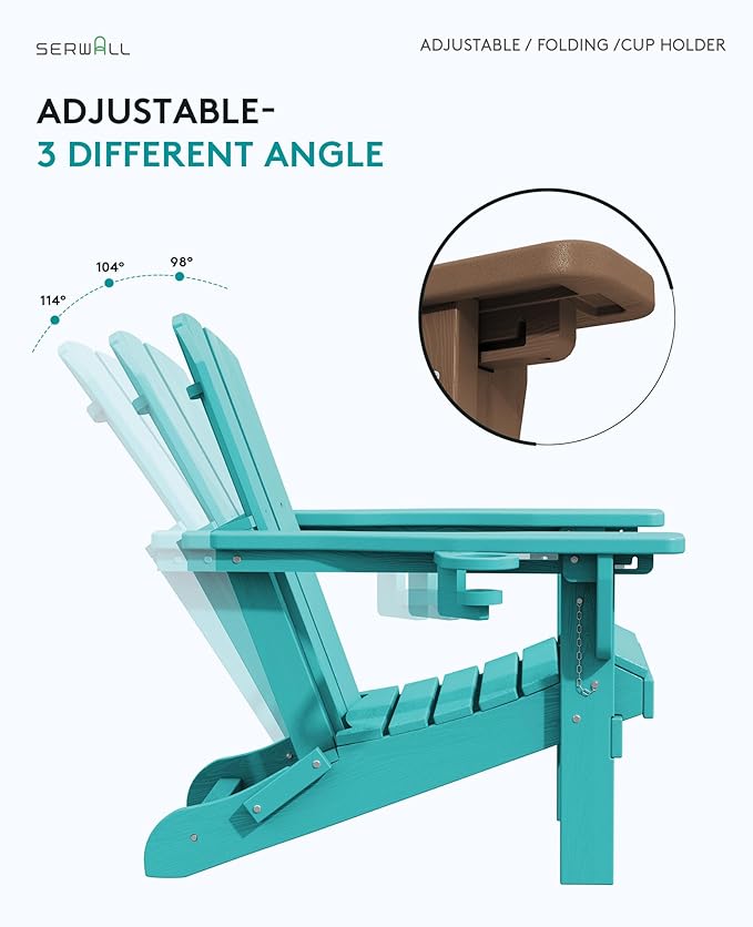 SERWALL Folding Adirondack Chair Set of 4, Adjustable Adirondack Chair with 3 Recline Positions, All Weather HDPE Outdoor Adirondack with Cup Holders, Aruba