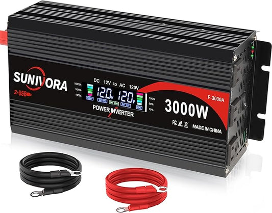 3000 Watt Inverter with LCD Display 12V DC to 110V/120V AC 60HZ Car Power Inverter with 3 AC Outlets & Dual USB Ports for Car RV Truck Camping