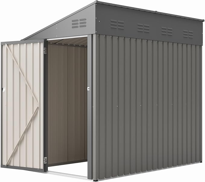 4x8 FT Outdoor Storage Shed,Lean to Lockable Metal Garden Shed Steel with Reinforced Beams,All Weather Waterproof Storage House W/Lockable Door&2 Air Vents,for Backyard,Patio,Lawn,Garden,Gray