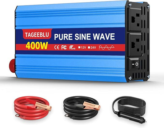 400W Pure Sine Wave Inverter, 12V DC to 110V/120V AC Car Power Inverter with 2 AC outlets and LCD Display
