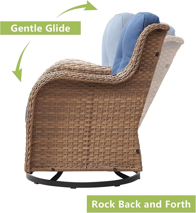 Outdoor Wicker Patio Furniture Set - 6 Piece Rattan Patio Conversation Set with 2 Rocking Swivel Chairs,2 Ottomans,1 Sofa and 1 Side Table for Porch Deck Backyard Garden(Yellow/Blue)